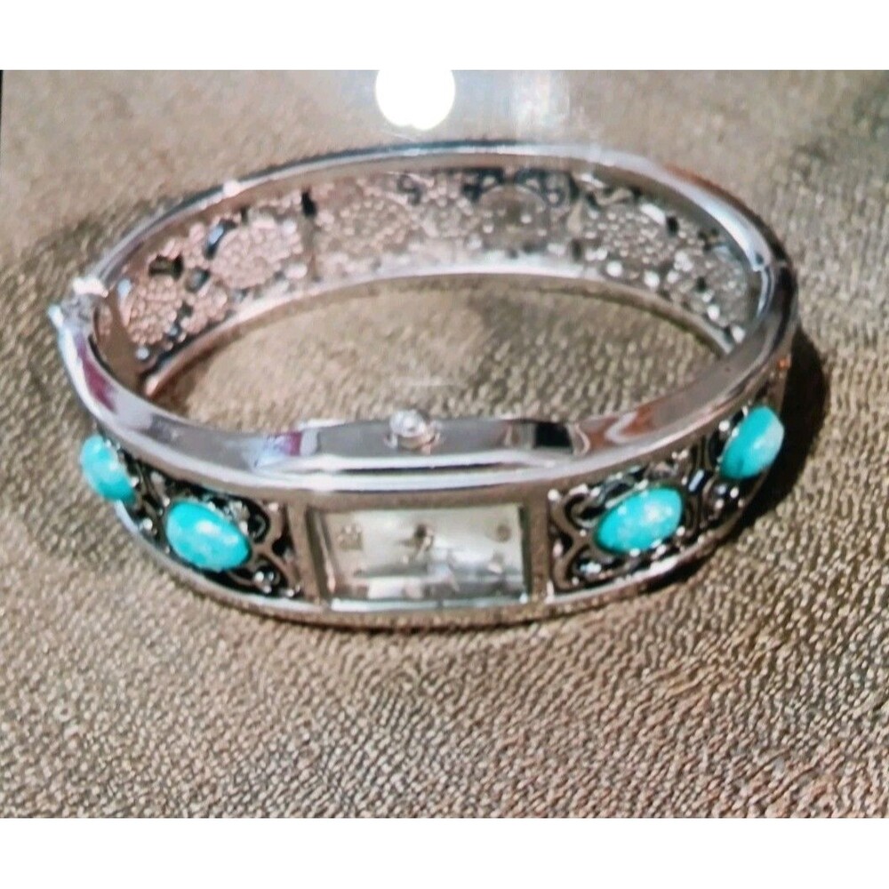 Vintage Southwestern Silver Toned Faux Turquoise  Cuff Watch